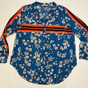 Olive Hill Boho Blouse 3/4 Sleeve Women's L Floral and Striped Blue Red Black
